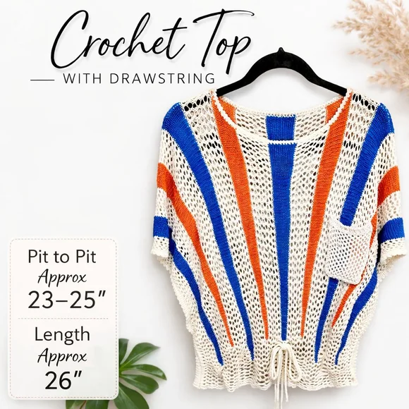Boho Crochet Top with Drawstring Hem - Striped Knit Pocket Top Oversized - Picture 1 of 9
